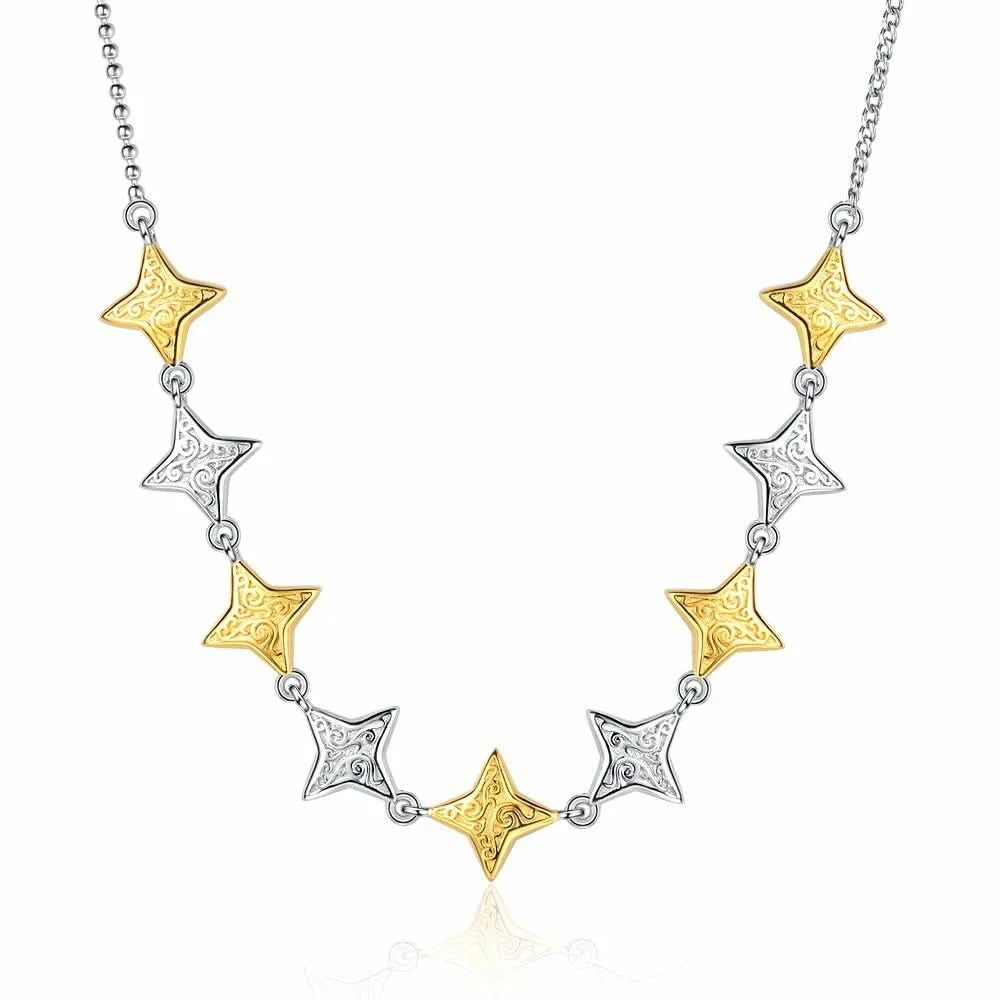 Embossed Silver Contrast Stars Necklace