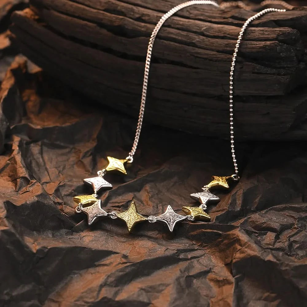 Embossed Silver and Gold Contrast Stars Necklace