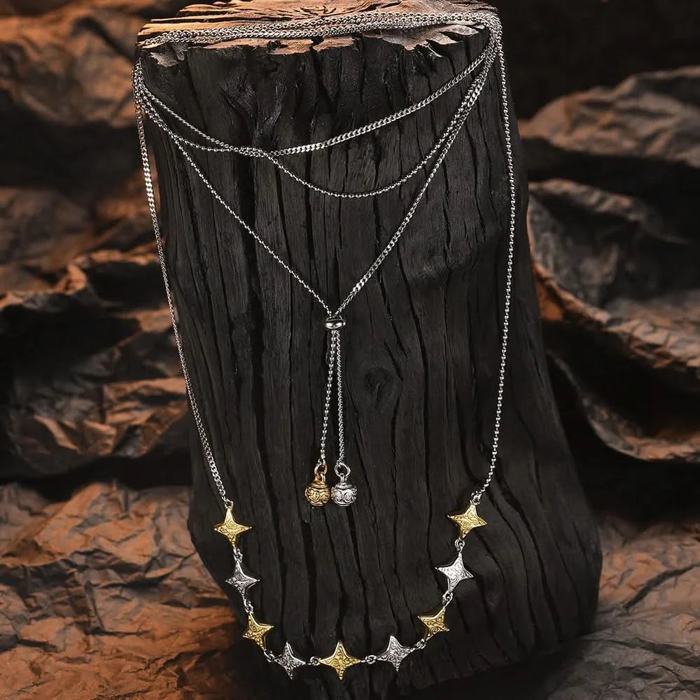 Embossed Silver and Gold Contrast Stars Necklace