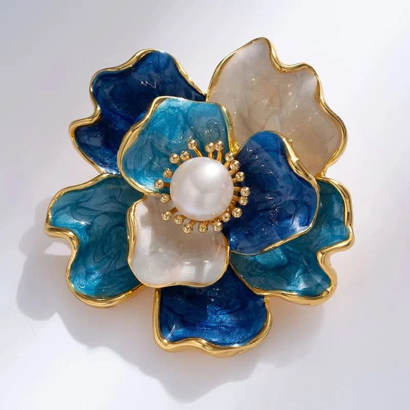 Enamel Peony Freshwater Pearl Brooch