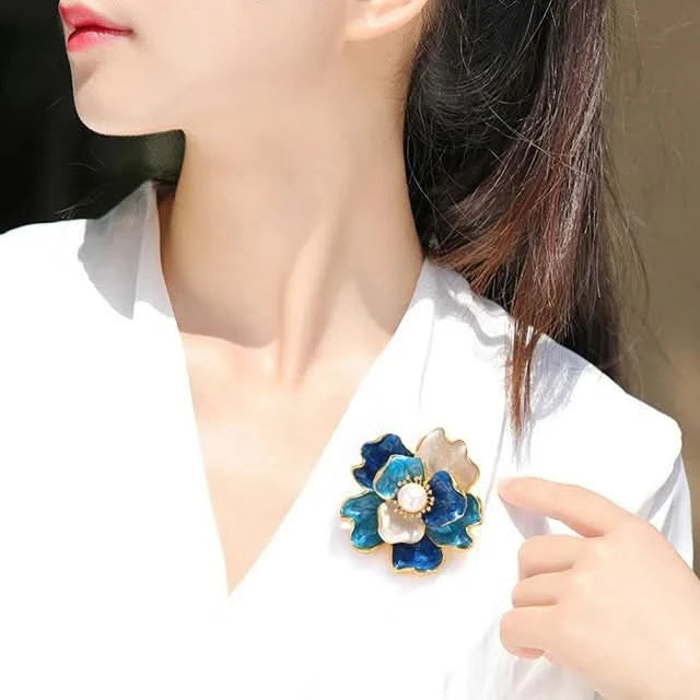 Enamel Peony Freshwater Pearl Brooch