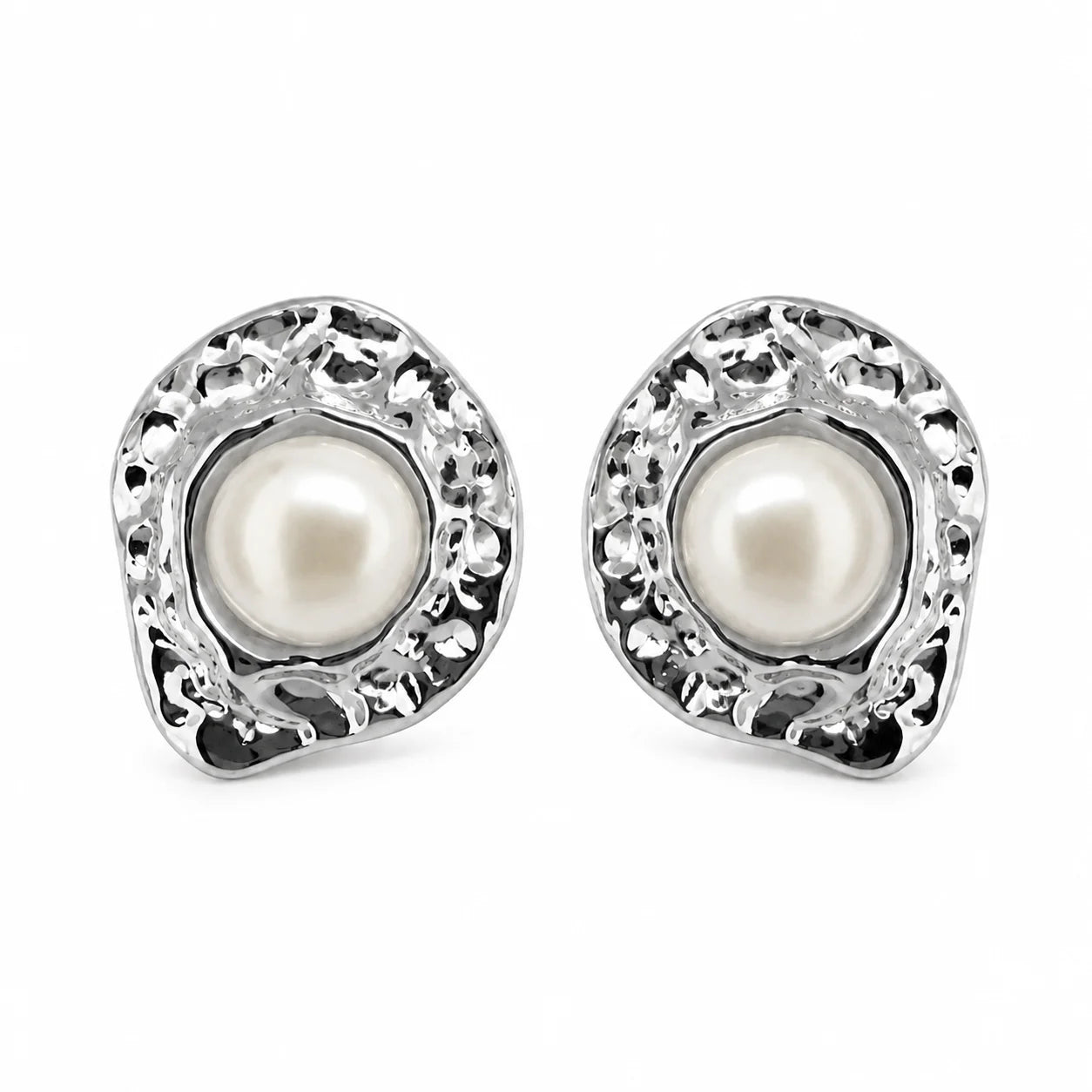 Silver-tone hammered oval stud earrings with natural freshwater pearls