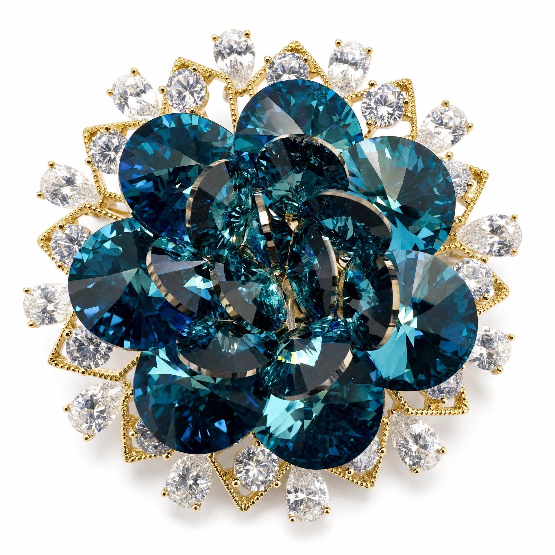 Teal crystal layered flower brooch on a white background