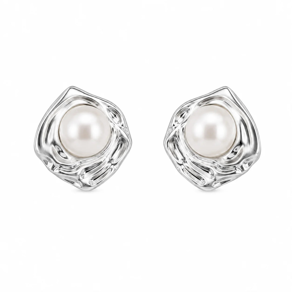 Silver-tone sculptural molten organic stud earrings with natural freshwater pearls