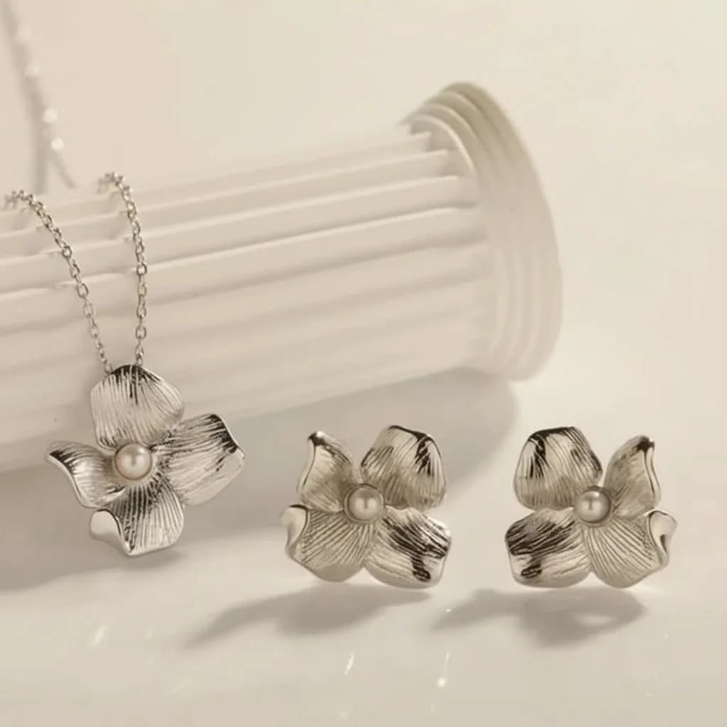 Flower Necklace & Earrings Bundle Sale- silver