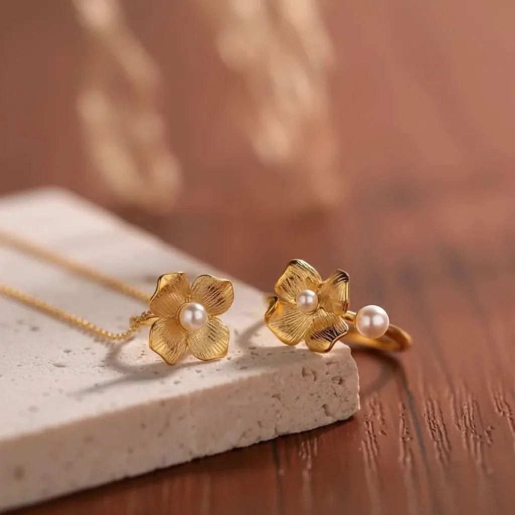 Flower Necklace & Ring Set Sale-gold