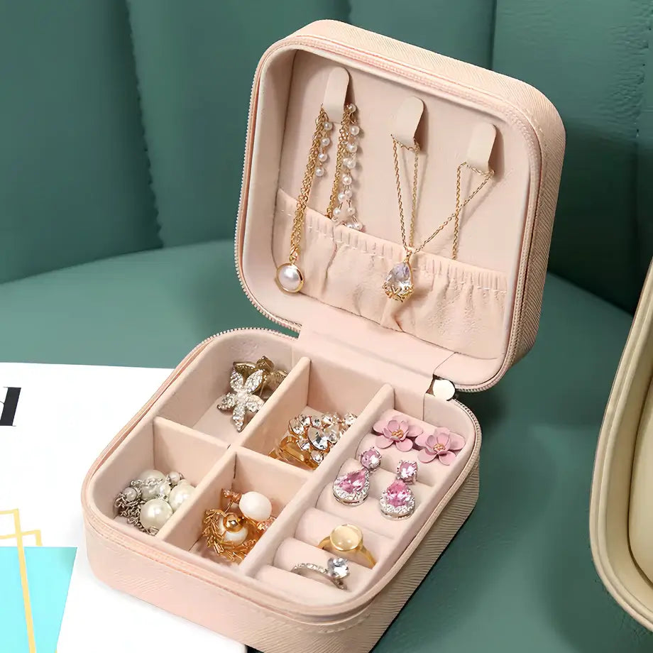 Leather Jewellery Organizer Box with Zipper, Ear Rings &  Necklace_Bracelets Holder
