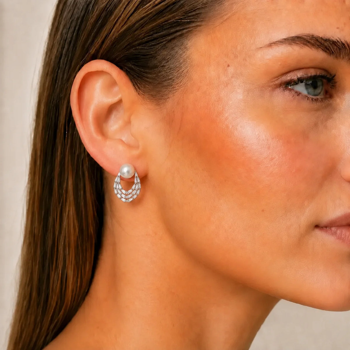 Freshwater Pearl Baguette Crystal Stud Earrings