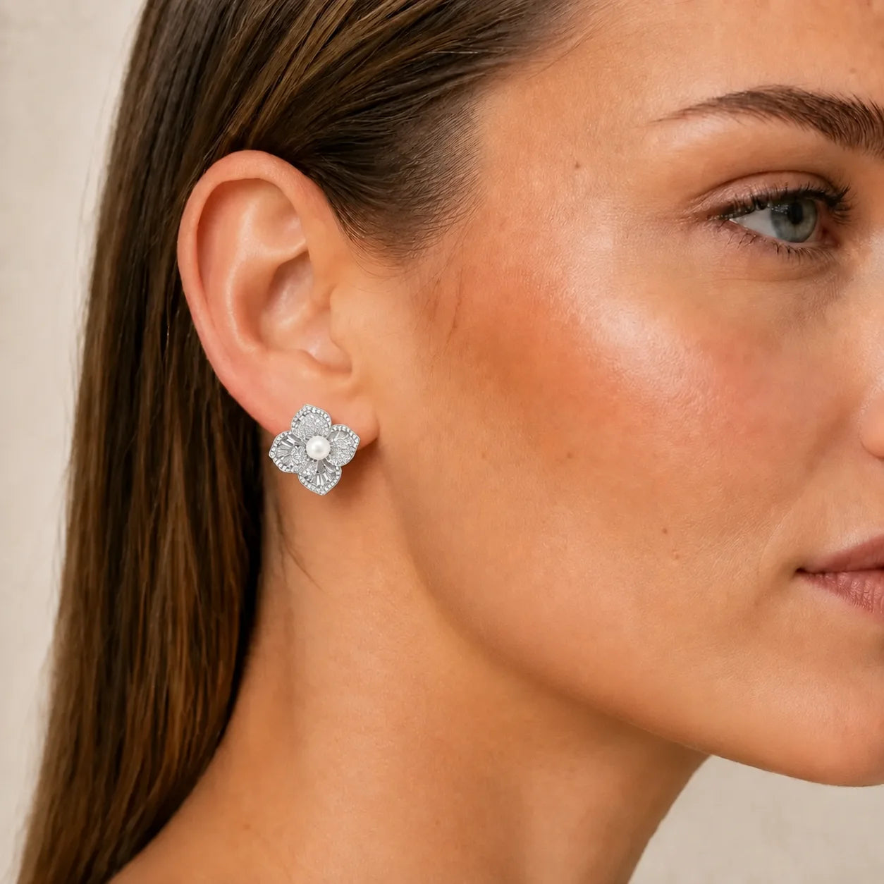 Freshwater Pearl Crystal Flower Stud Earrings