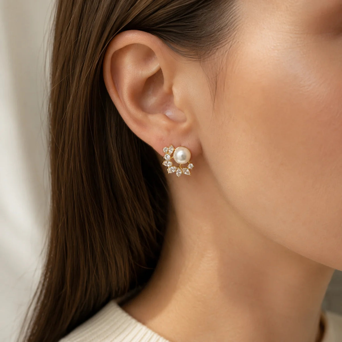 Freshwater Pearl Crystal Leaf Stud Earrings