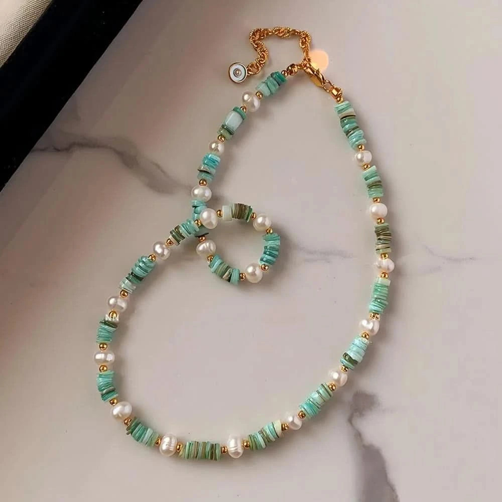 Freshwater Pearl Green Shell Beaded Choker Necklace