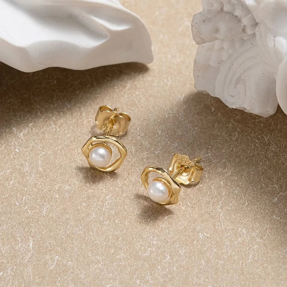 Freshwater Round Pearl Gold Stud Earrings
