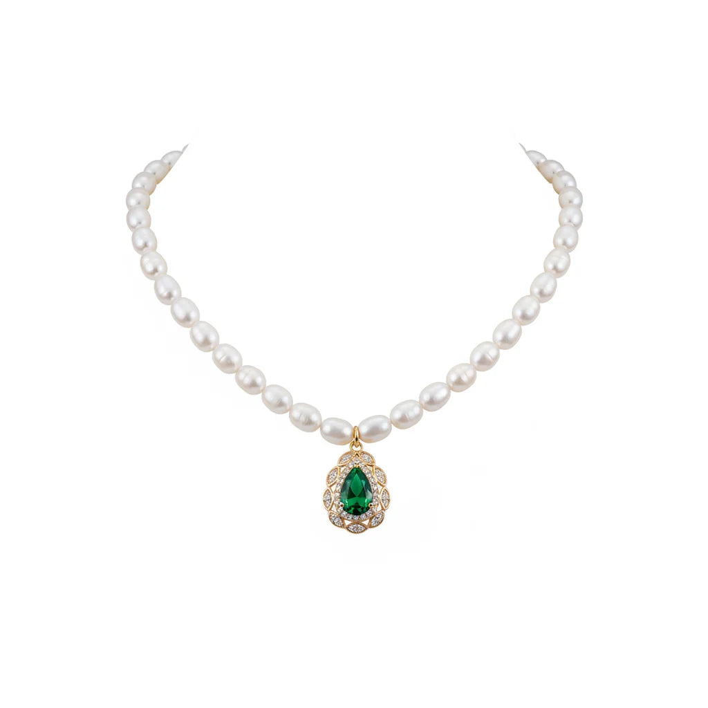 Freshwater Pearl Necklace with Teardrop Gemstone