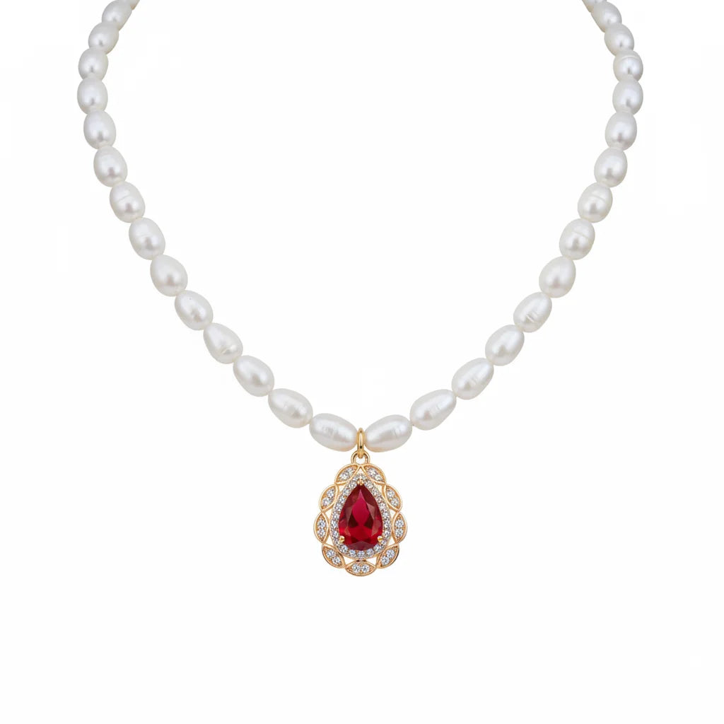 Freshwater Pearl Necklace with Teardrop Gemstone