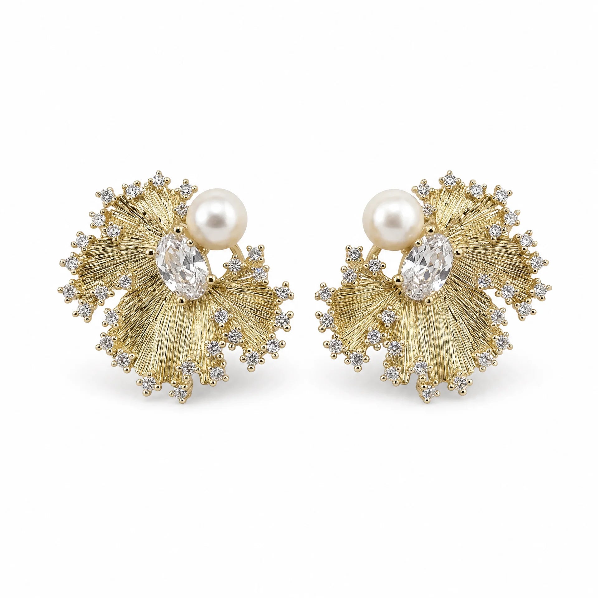 Gold-tone freshwater pearl fan stud earrings with clear crystal details