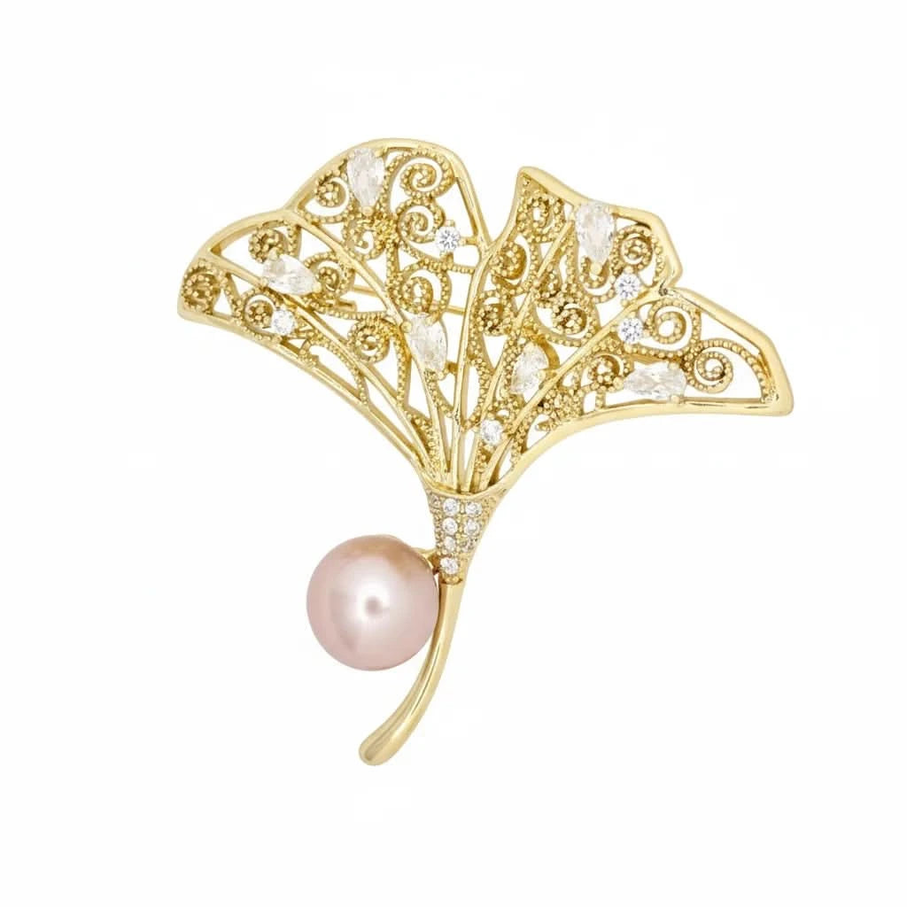Ginkgo Leaf Pink and White Pearl Brooch