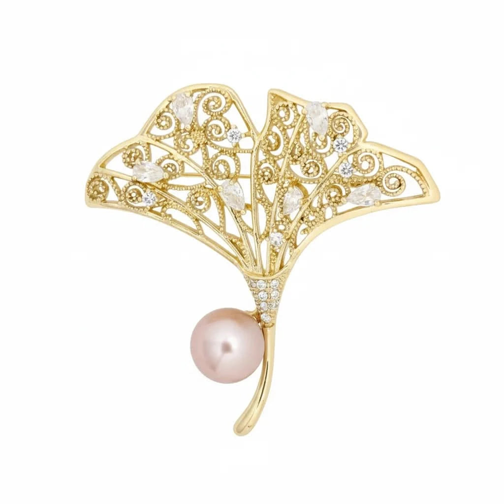 Ginkgo Leaf Pink and White Pearl Brooch