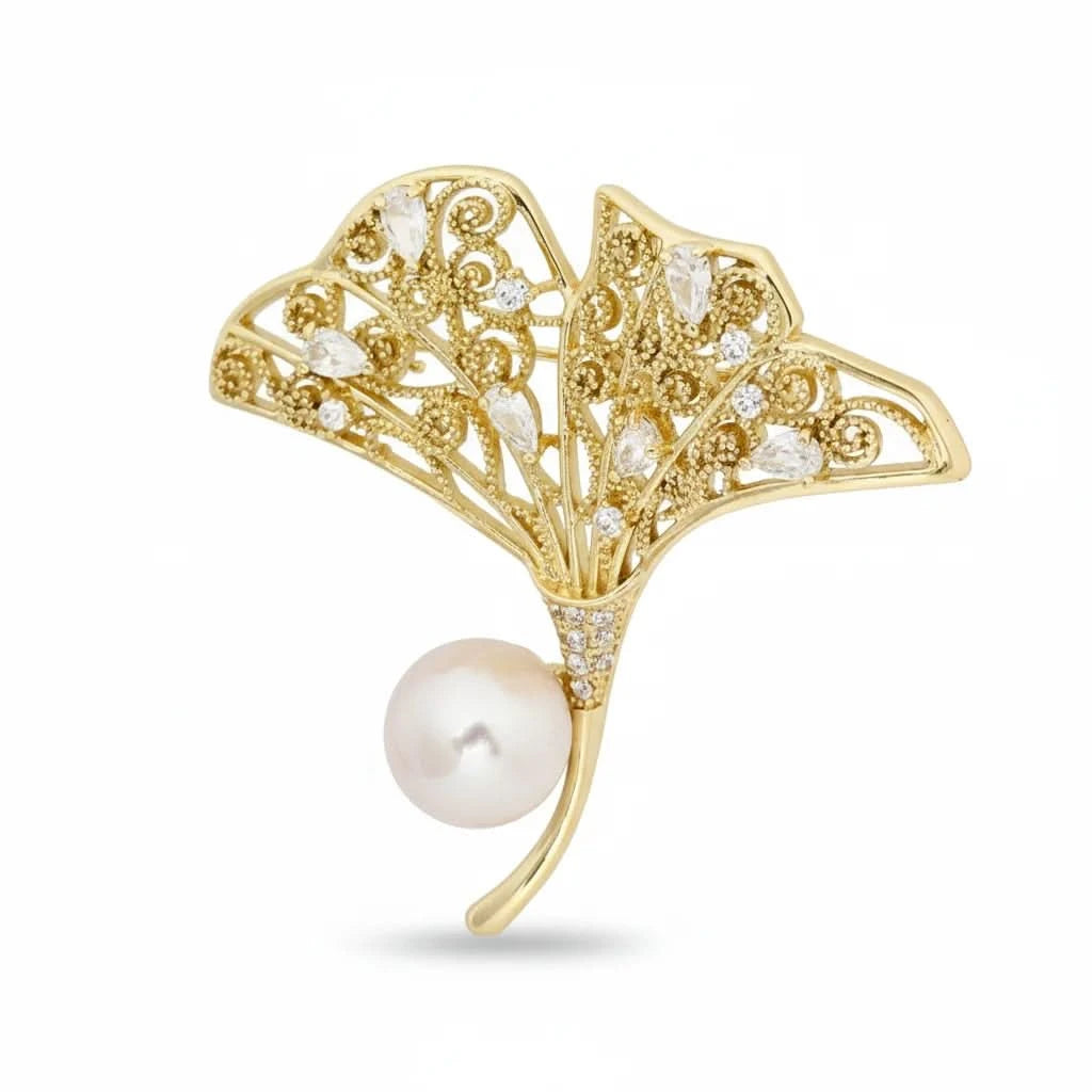 Ginkgo Leaf Pink and White Pearl Brooch
