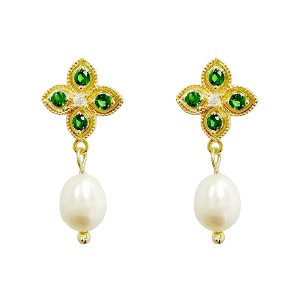 Gold StudEarring with Green Gemstones and Pearl