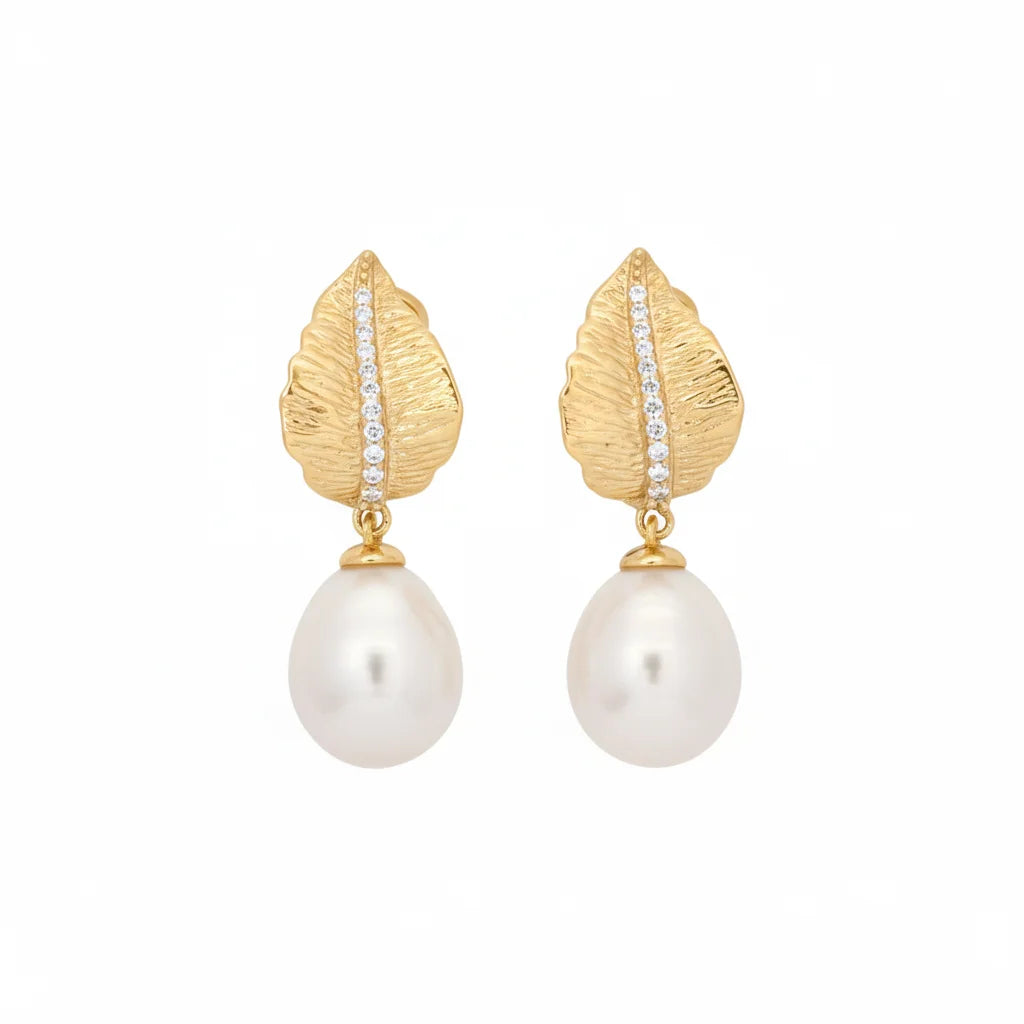 Gold Diamond Leaves Baroque Pearl Earrings