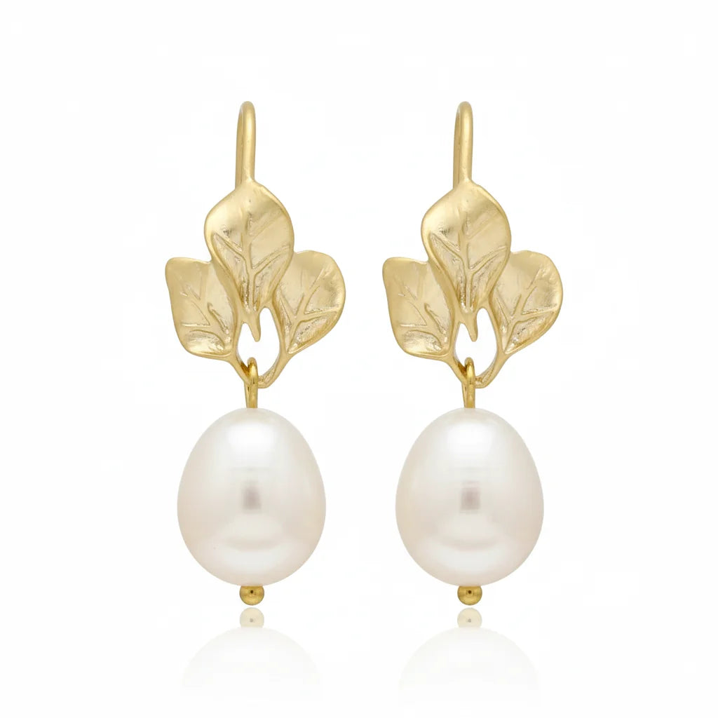 Gold Leaves Pearl Drops Earrings