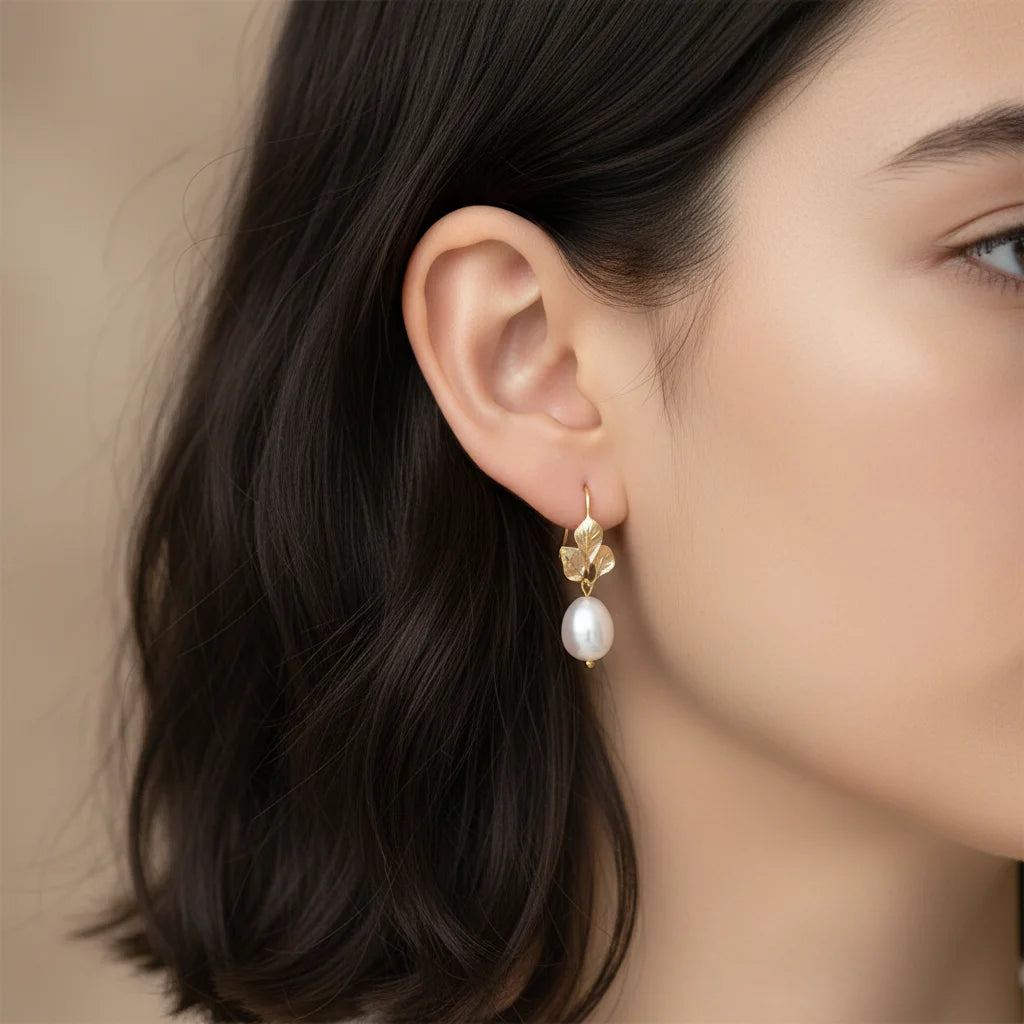 Gold Leaves Pearl Drops Earrings
