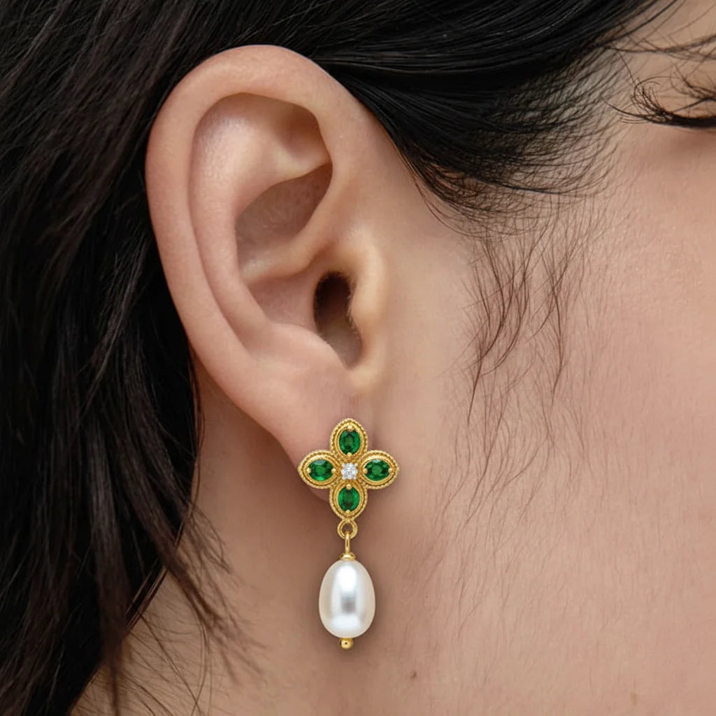 Gold Stud Pearl Earring with Green Gemstones