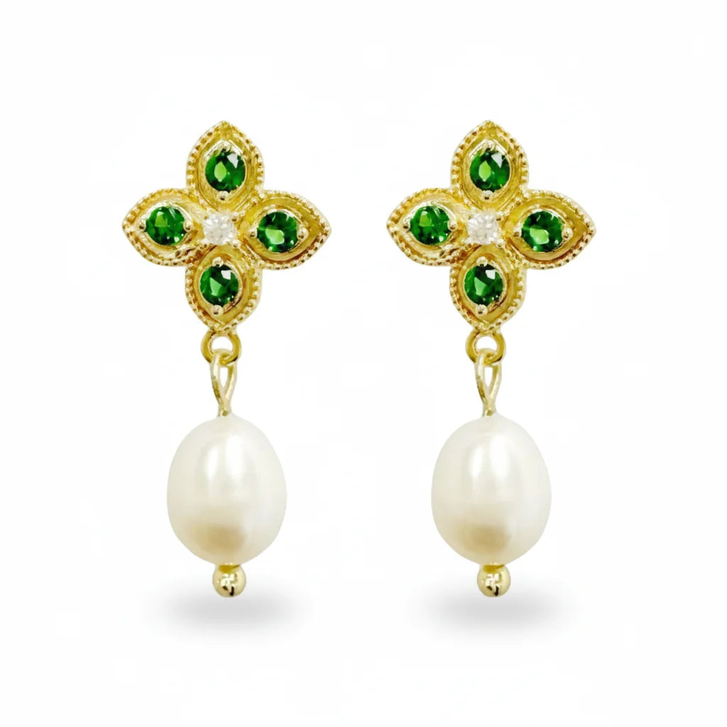 Gold Stud Pearl Earring with Green Gemstones