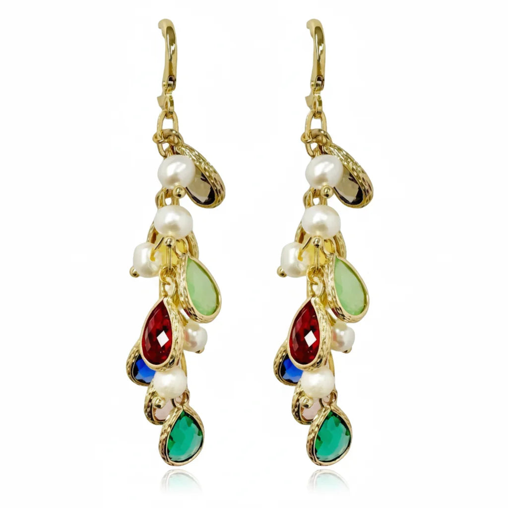 Gold Hoops Pearls Earrings with Rainbow Charms