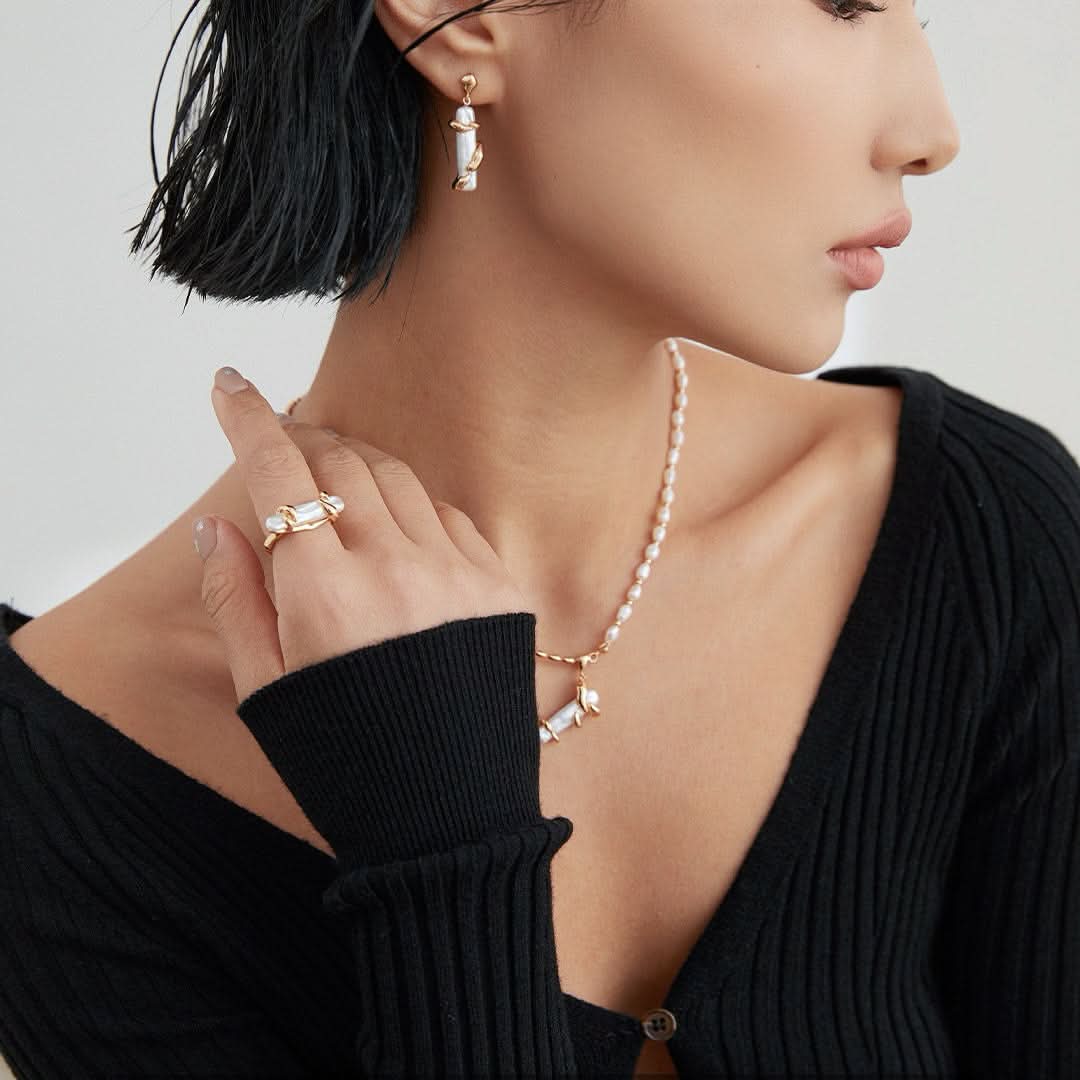 Stick Baroque Pearl Necklace & Ring Set Sale