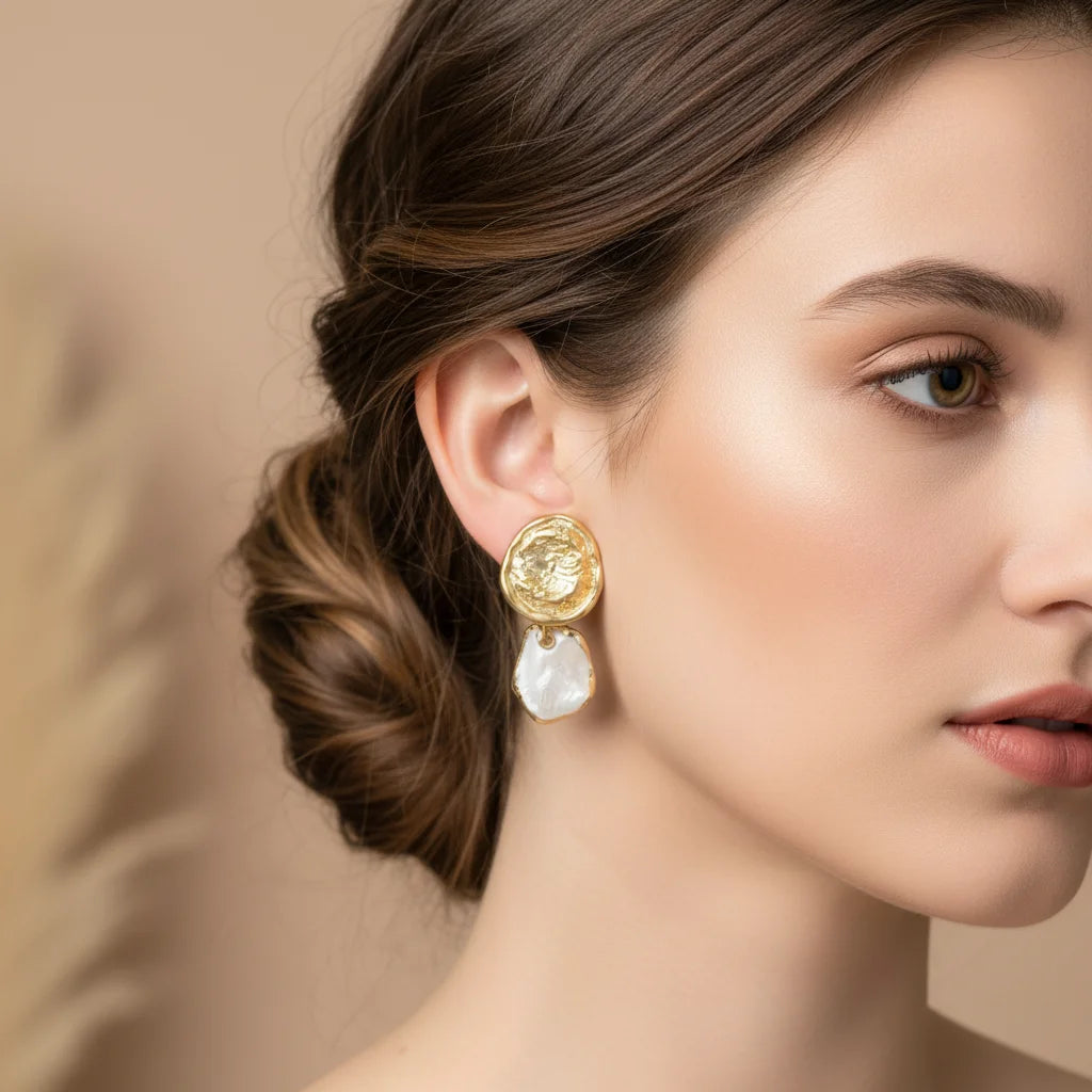 Gold Stud Pearl Drop Earrings