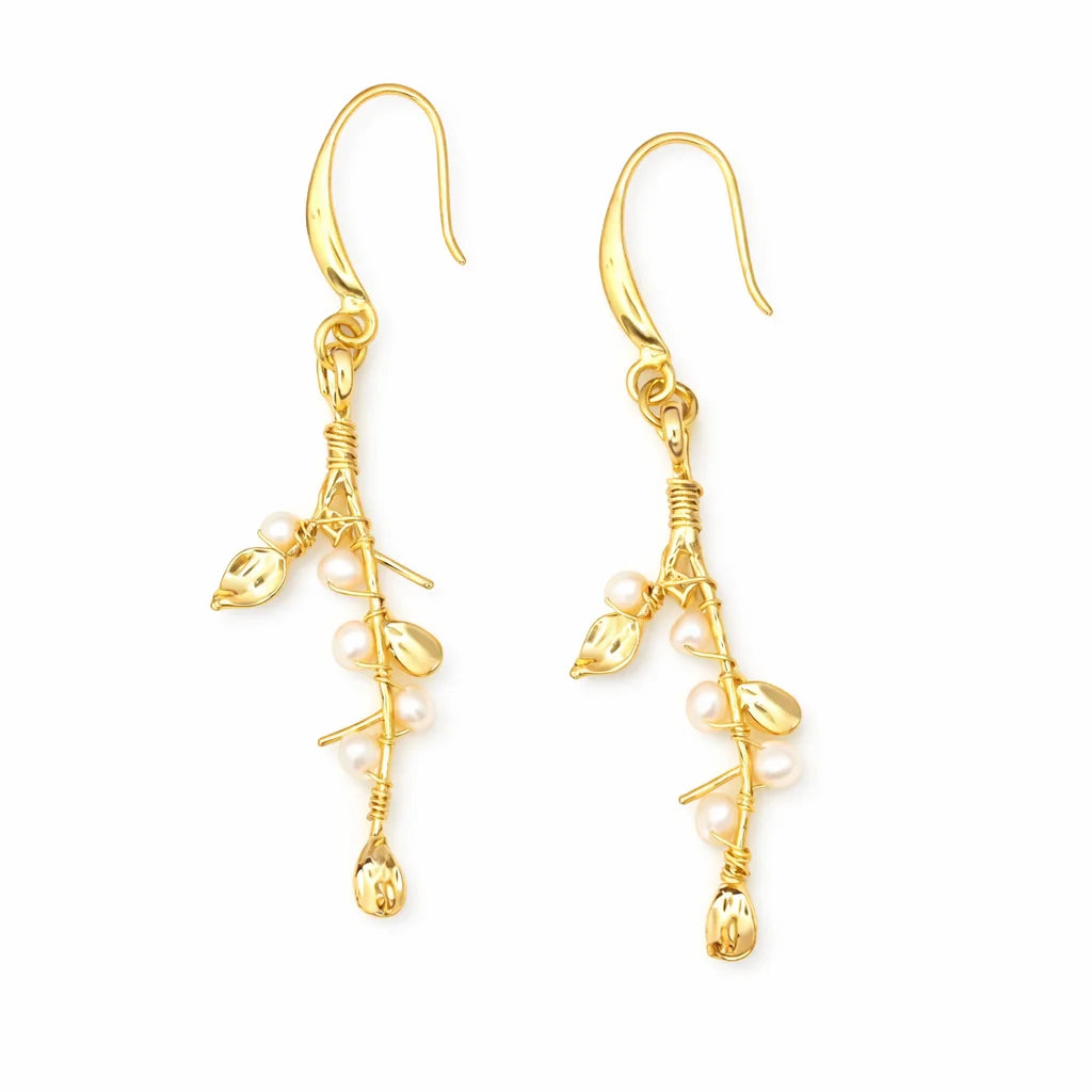 Vermeil Leaves Pearls Drop Earrings