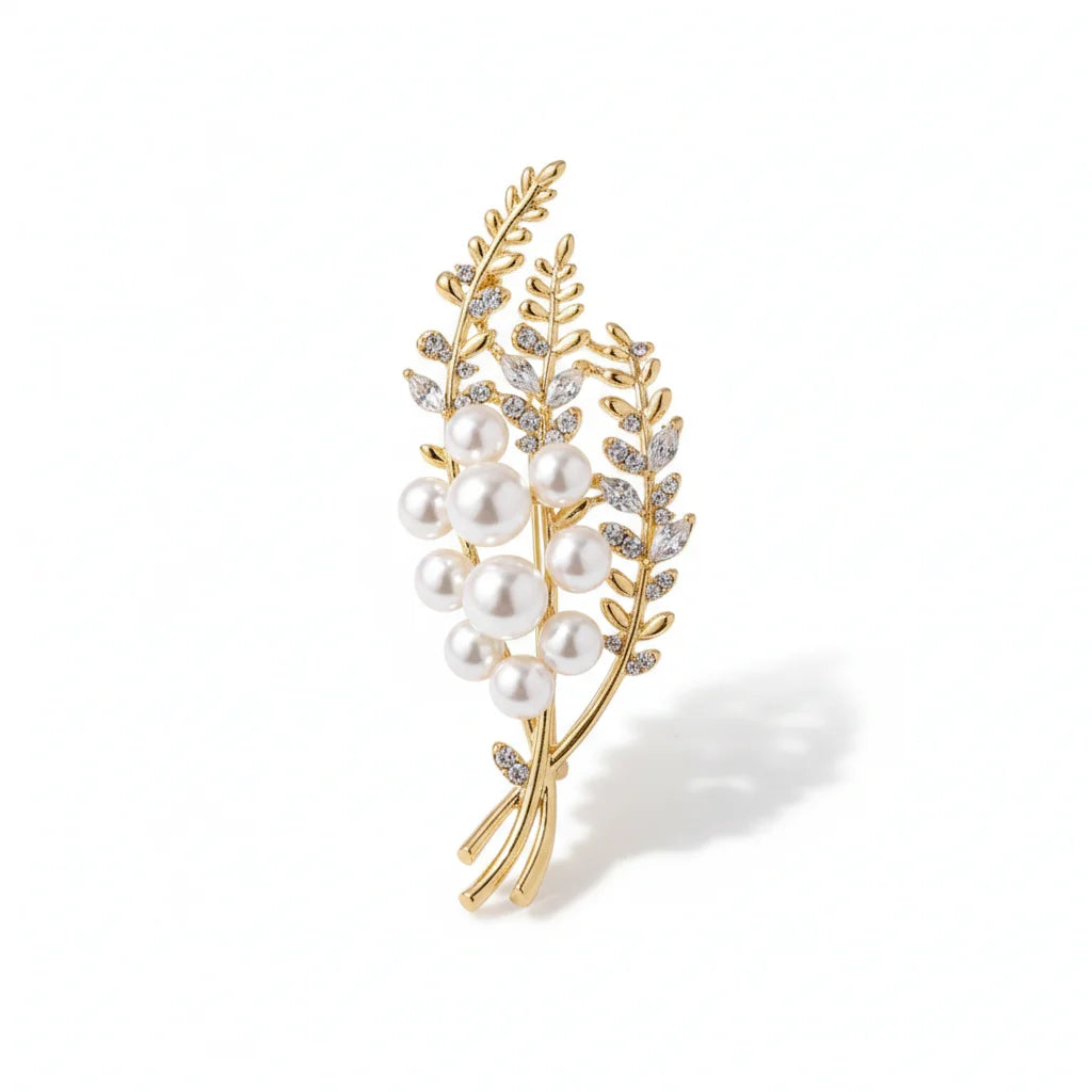 Golden Pearl Leaf Brooch