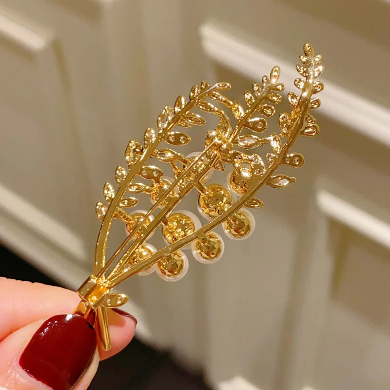 Golden Pearl Leaf Brooch