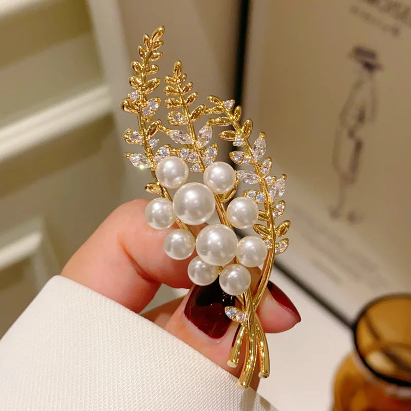 Golden Pearl Leaf Brooch