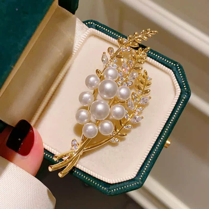 Golden Pearl Leaf Brooch