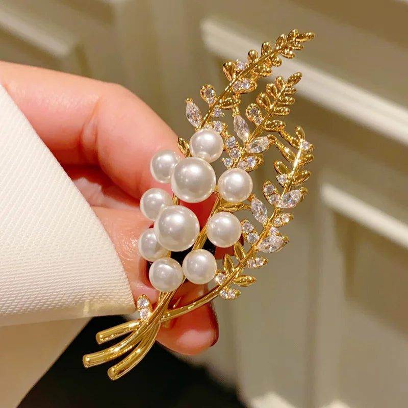Golden Pearl Leaf Brooch
