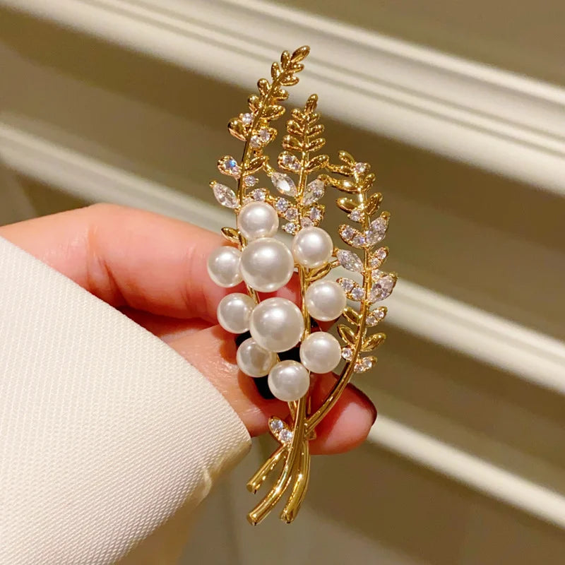 Golden Pearl Leaf Brooch