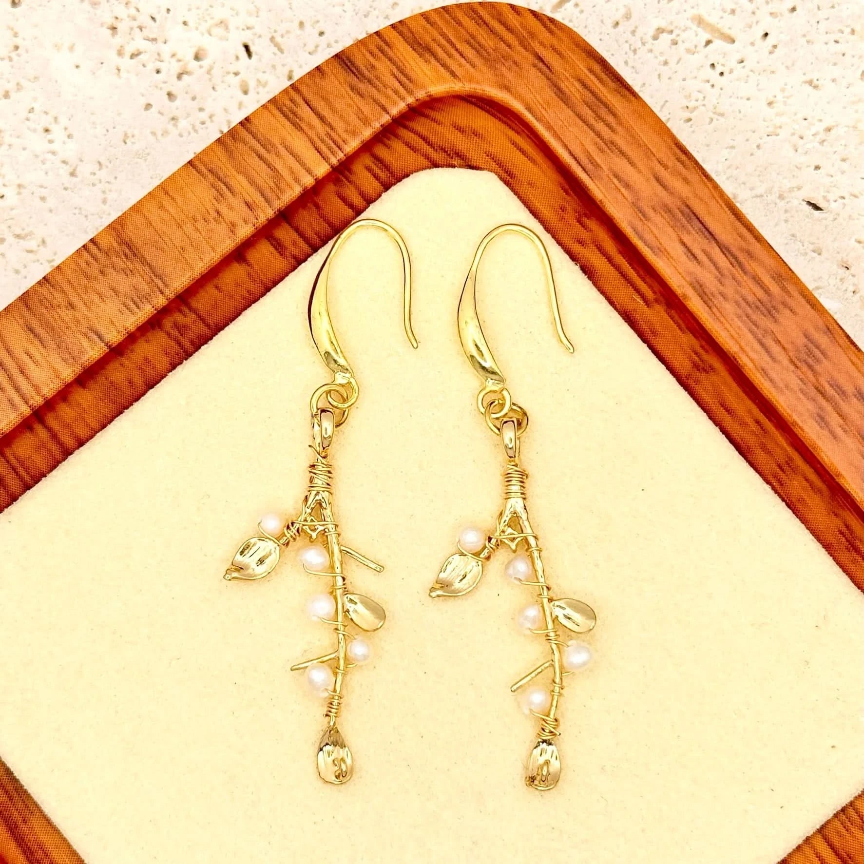 Gold Vermeil Leaves Pearls Drop Earrings