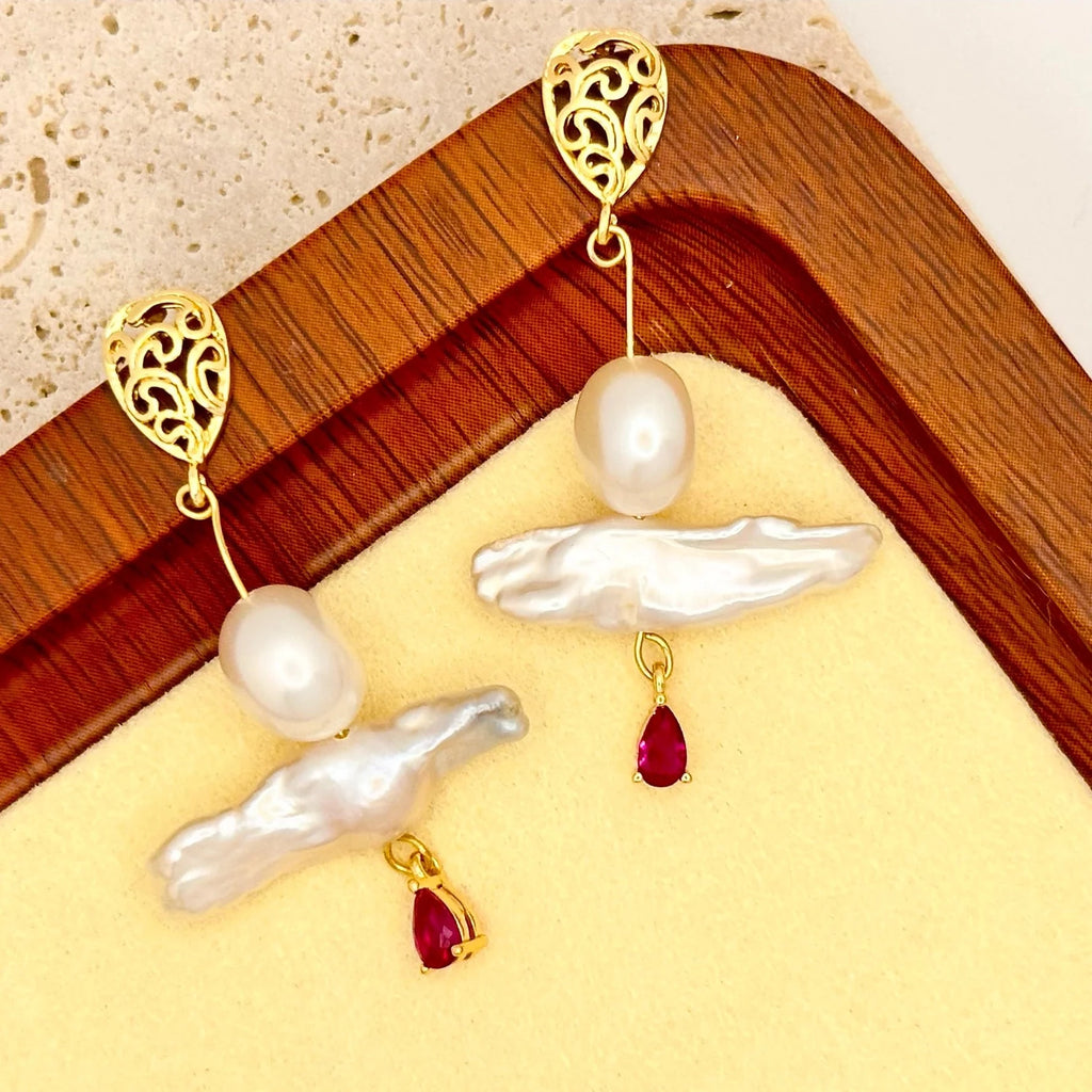 Gold vermeil stud Baroque pearl drop earrings
