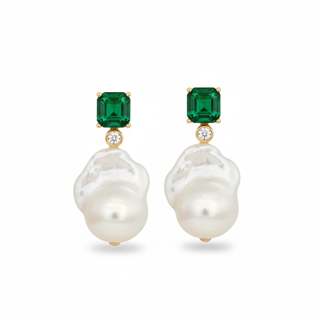Green Diamond Large Baroque Pearl Earrings 💚✨