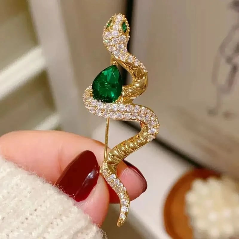 Elegant Green Diamond Snake Brooch
