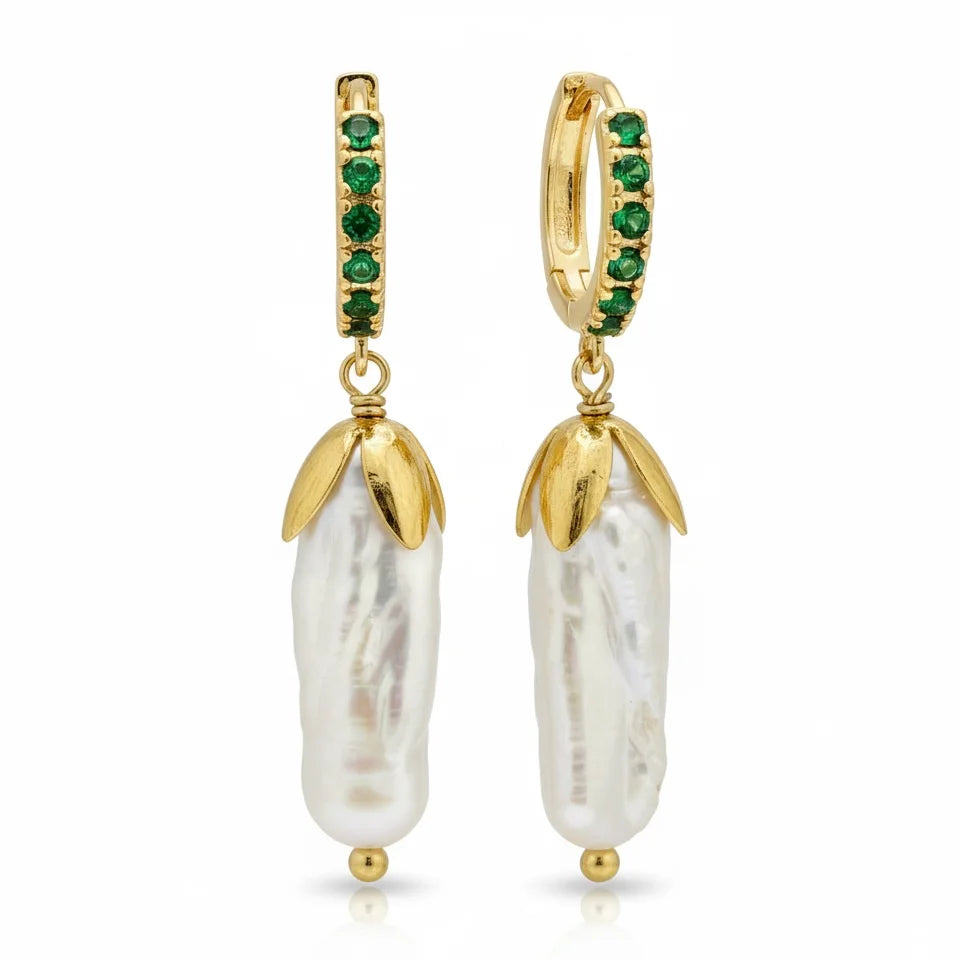 Green Diamond Huggie Baroque pearl Earrings