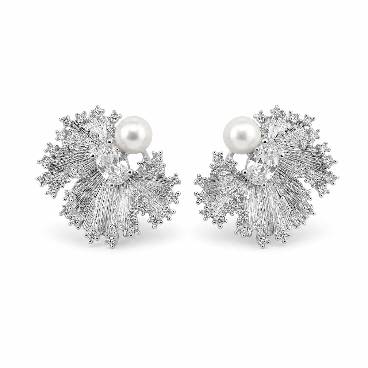 Silver-tone freshwater pearl fan stud earrings with clear crystal details