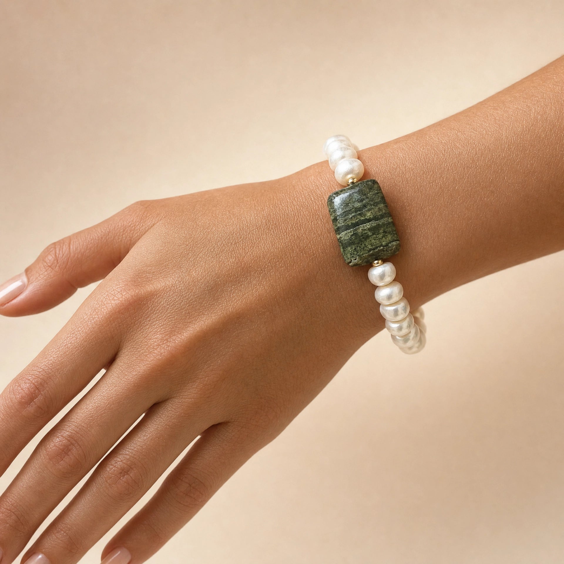 Green Serpentine Freshwater Pearl Stretch Bracelet - Model Wearing