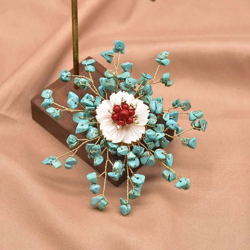 Handcrafted Turquoise_Red Coral_Mother-of-Pearl Floral Brooch