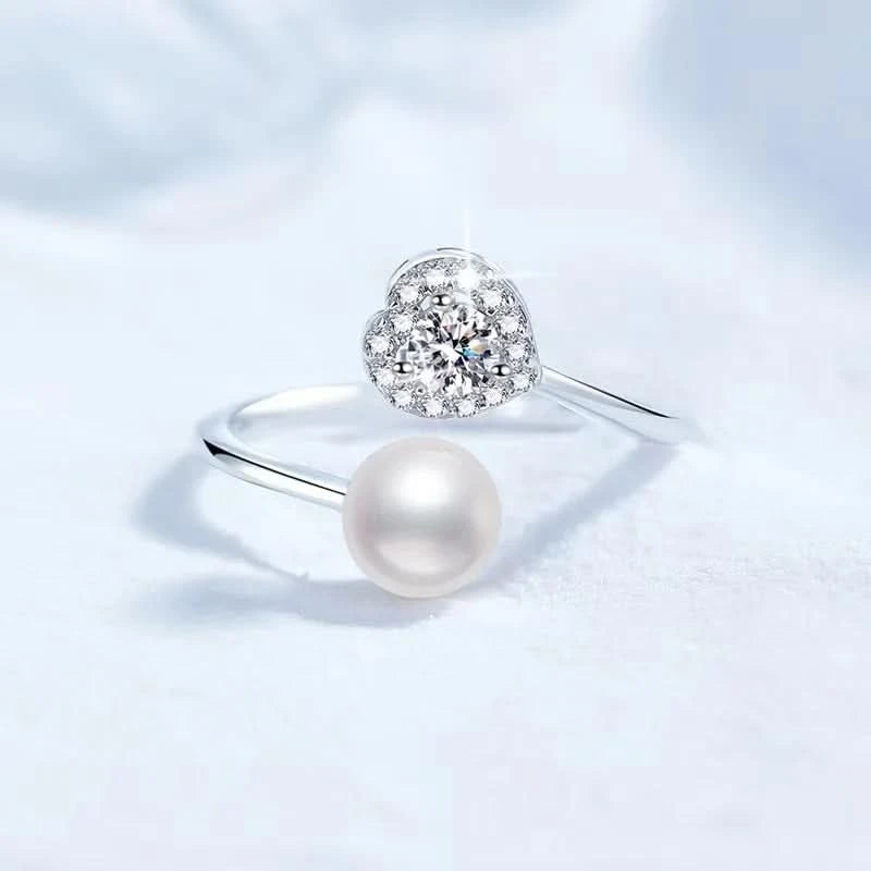 Heart Diamond Pearl Adjustable Ring