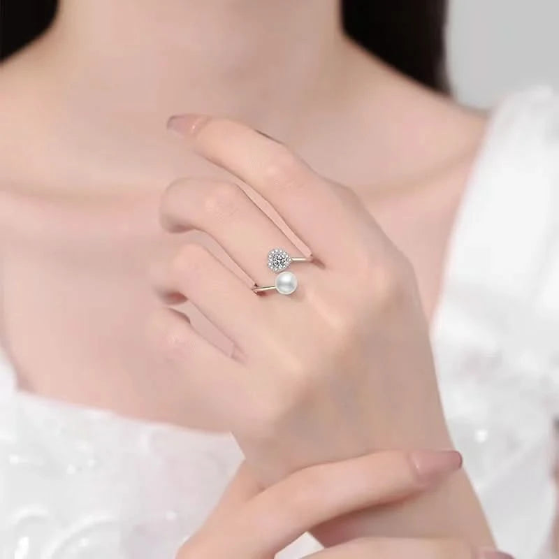 Heart Diamond Pearl Adjustable Ring