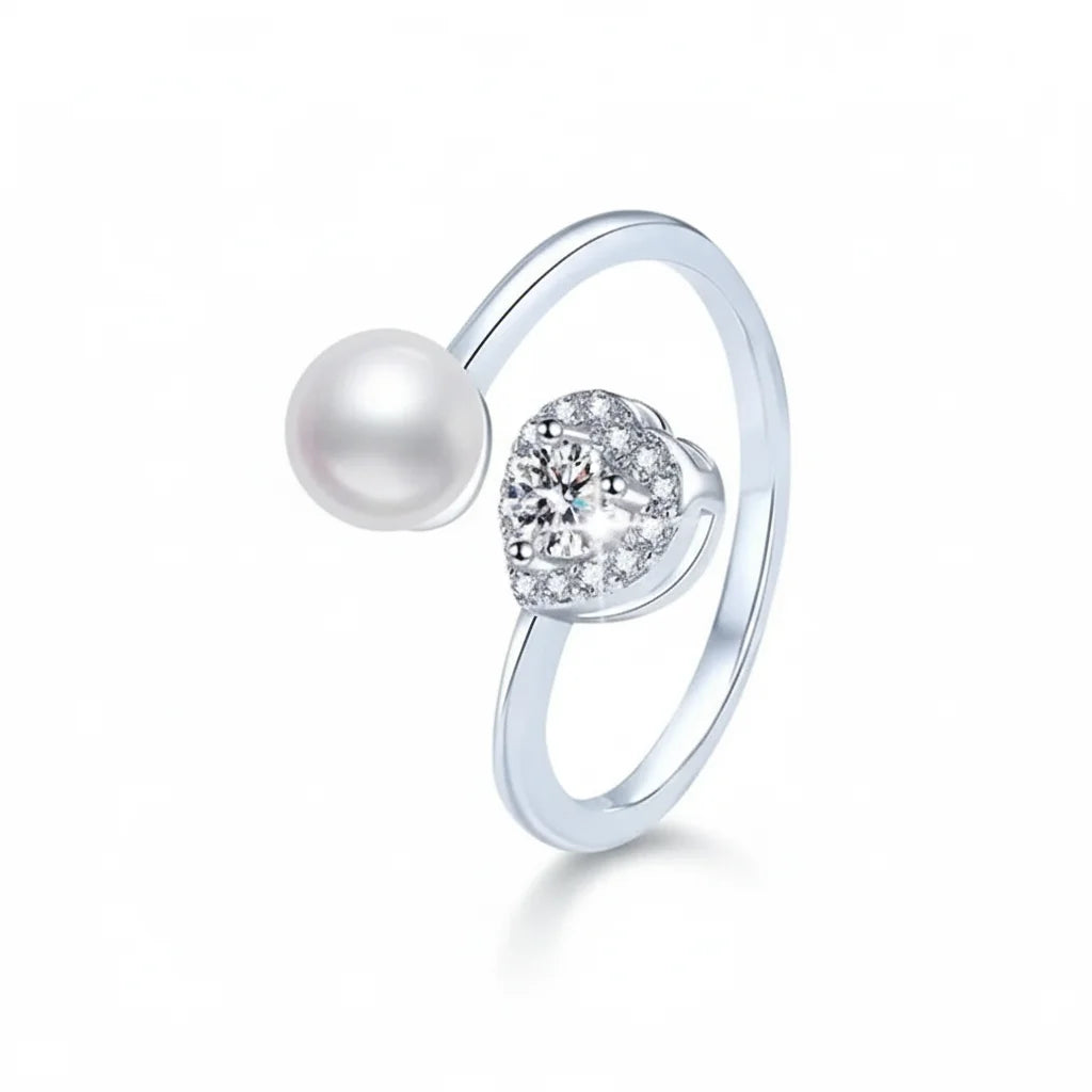 Heart Diamond Pearl Adjustable Ring