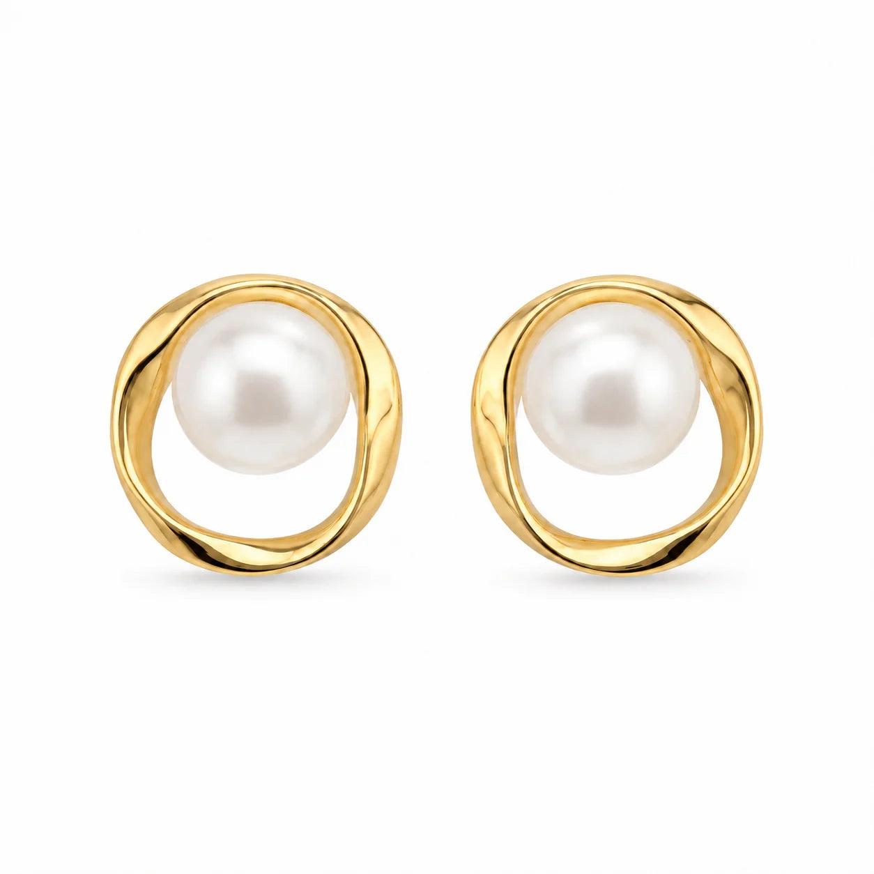 Gold-tone irregular circle stud earrings with natural freshwater pearls
